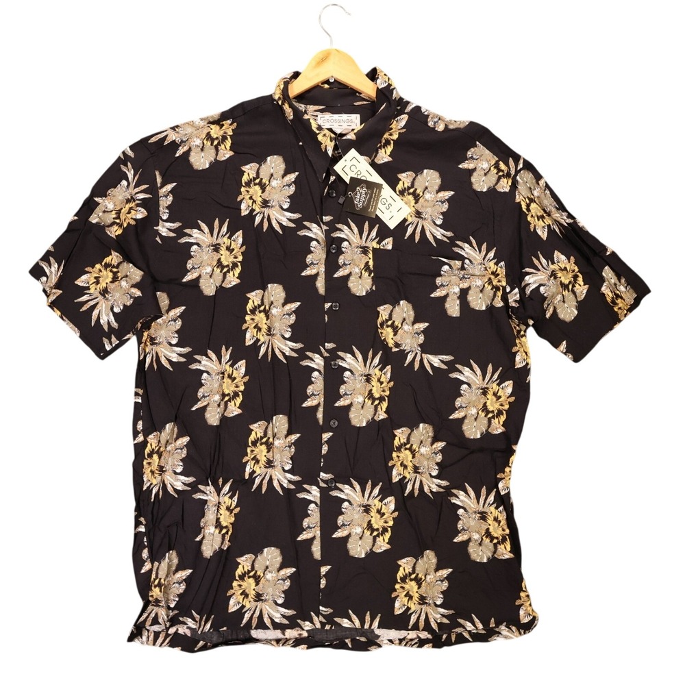 Crossings Button Up Shirt Mens XL Black New Vintage Floral Short Sleeve Viscose